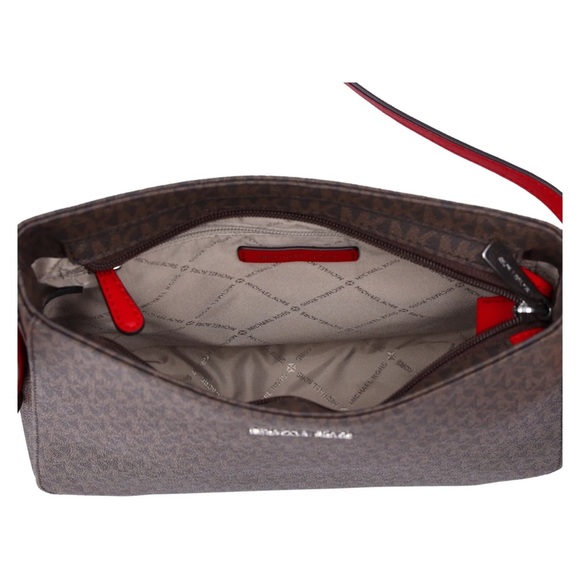 Michael Kors Jet Set Travel Large Messenger Bag Crossbody Brown MK Bright Red - Picture 9 of 11